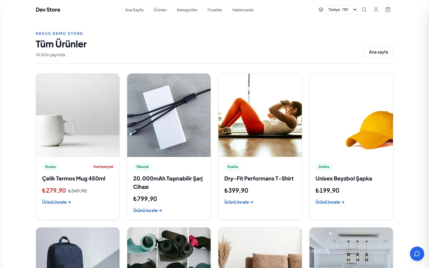Ticibu demo mağazası — canlı ürün listeleme sayfası